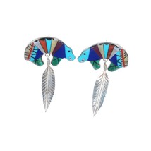 Retro Southwestern Sterling Intarsia inlay bear and feather earrings - £85.14 GBP