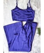 House of Harlow SET Crystal Satin Crop Top Wide Leg Pants Purple M Rhine... - $67.44