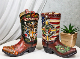 Set Of 2 Rustic Western Patriotic USA Flag Military Cowboy Boot Money Banks - £39.33 GBP
