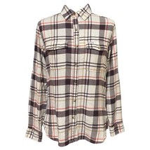 Columbia Sportswear Cream Brown Plaid Roll Tab Button Flannel Shirt Size Medium - £18.00 GBP