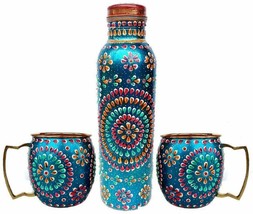 Handmade Copper Outer Hand Painted Art Work turquoise color Water Bottle and Mug - $70.11