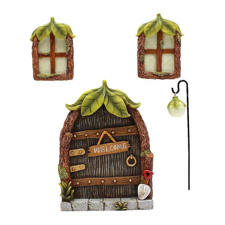 Fairy Door Windows Set Glow Miniature Gnome Home Sculptures Tree Decoration - £24.70 GBP