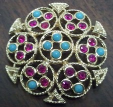 Sarah Coventry &quot;Ceylon&quot; Brooch Magenta and Turquoise in Gold Toned Setting - £9.09 GBP