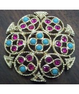 Sarah Coventry &quot;Ceylon&quot; Brooch Magenta and Turquoise in Gold Toned Setting - £8.95 GBP