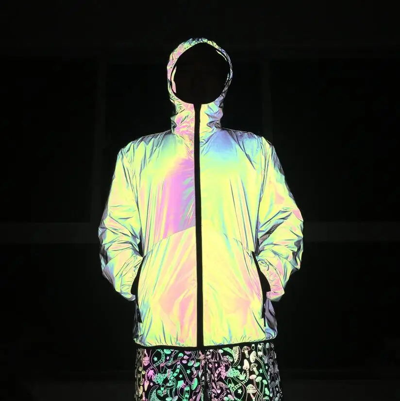  Men hip hop night Colorful reflective Loose Hooded Jacket Streetwear man Windbr - £290.20 GBP
