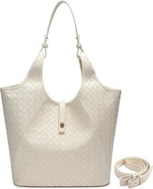 Women’s Woven Tote Bag Large Vegan Leather Shoulder Handbag, Beige - $34.65