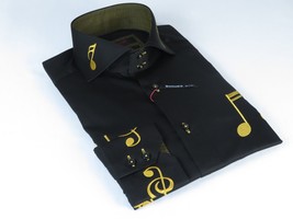 Mens AXXESS Musician Singer Dress Shirt Turkey Musical Notes 322-13 Black Gold - £78.63 GBP