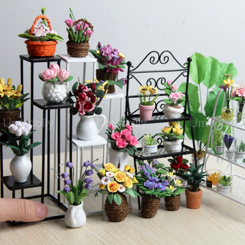 1:12 Scale Dollhouse Miniature Flower Rack Mini Plotted Plant Sunflower Rose for - £8.72 GBP+