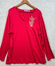 Quacker Factory Womens Top 2X Red Rhinestone Angel Christmas Shirt - $15.57