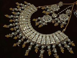Latest Ethnic Mirror Work Gold Plated Jewelry Necklace Earrings Tikka Set  j895 - $61.15