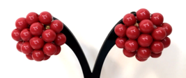 Vintage Red Plastic Bead Cluster Clip On Earrings Shiny Cherry Red - $12.00