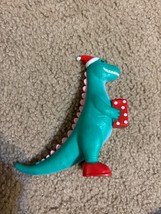 Rare ANKYO Green Dinosaur Plastic Toy Figure 5&quot; Christmas Santa With Gift - £18.19 GBP