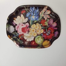 16&quot; Tray Painted Metal Decorative Black Floral Fruit Spring Flowers Vintage - £11.99 GBP