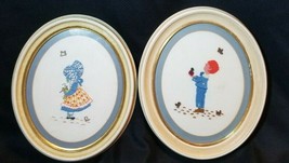 Holly Hobbie &amp; Robbie Hand Embroidered Crewel Oval Frames Pair 11.5in Vintage  - £25.29 GBP