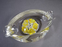 Art Glass Paperweight-Ashtray Clear Yellow Flowers in Base 5.5&quot; x 3.25&quot; x 1.5&quot; - £10.20 GBP