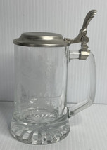 Vintage Etched Stag Deer Crystal Beer Stein  Germany Mug Pewter Tin Lid Used. - £11.03 GBP
