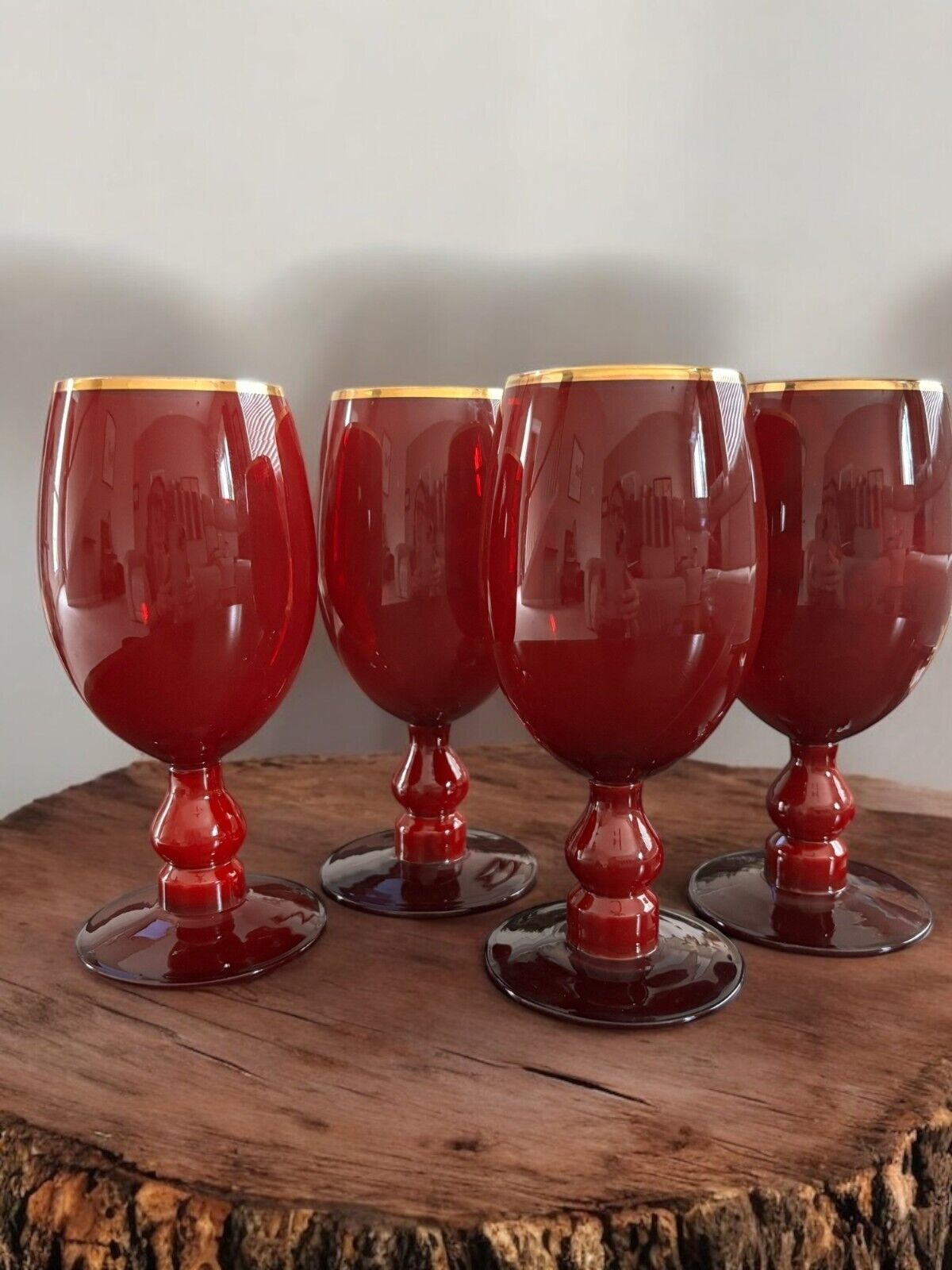 Vintage Ruby Red Glass Gold Rimmed Wine / Water Goblet Glass 7&quot; Tall set... - $39.58