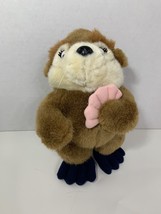 SeaWorld plush otter brown tan plush eyelashes pink clam shell standing toy - £7.40 GBP