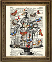 Vintage Dictionary Book Page Print: Antique Bird Cage With Butterflies Art - £6.27 GBP