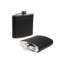 I13-2 6 oz Hip Flask, Black - Stainless Steel &amp; Traditional Genuine Leather - $2,224.36 MXN