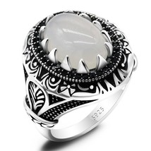 Natural Agate Ring for Men Pure 925 Sterling Silver Punk Vintage White Stone wit - £53.19 GBP