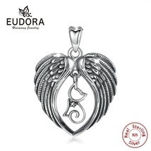925 Sterling Silver Lovely Cat &amp; Angel Wing Heart Pendant Necklace Sterling Silv - £21.79 GBP