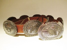 Navajo Storyteller Concho Belt, Bruce Morgan, Lrg .925 Sterling Silver Overlay - £3,061.67 GBP