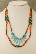 Vintage Southwestern Jewelry Coral Turquoise Silverplate Beaded Necklace... - $1,006.48 MXN