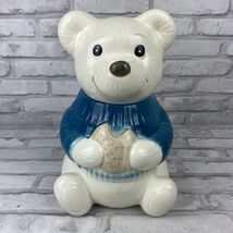 Metlox Cookie Jar Blue Sweater White Teddy Bear Eating Cookie - $33.42
