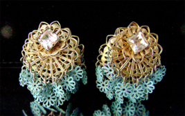 Vintage Clip Filigree Cha Cha Earrings Lear Rhinestone Blue Enamel Flower  - £15.95 GBP