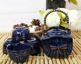 Ebros Japan Made Tombo Dragonfly Midnight Blue 20oz Porcelain Tea Pot &amp; ... - £48.60 GBP