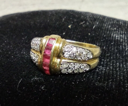 Vintage 14k 585 Yellow Gold Ring Apparent Diamonds &amp; Square Cut Rubies S... - $251.75