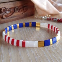 Bracelet tila gold plated miyuki flat beaded,stacking american bracelet,red whit - £17.63 GBP