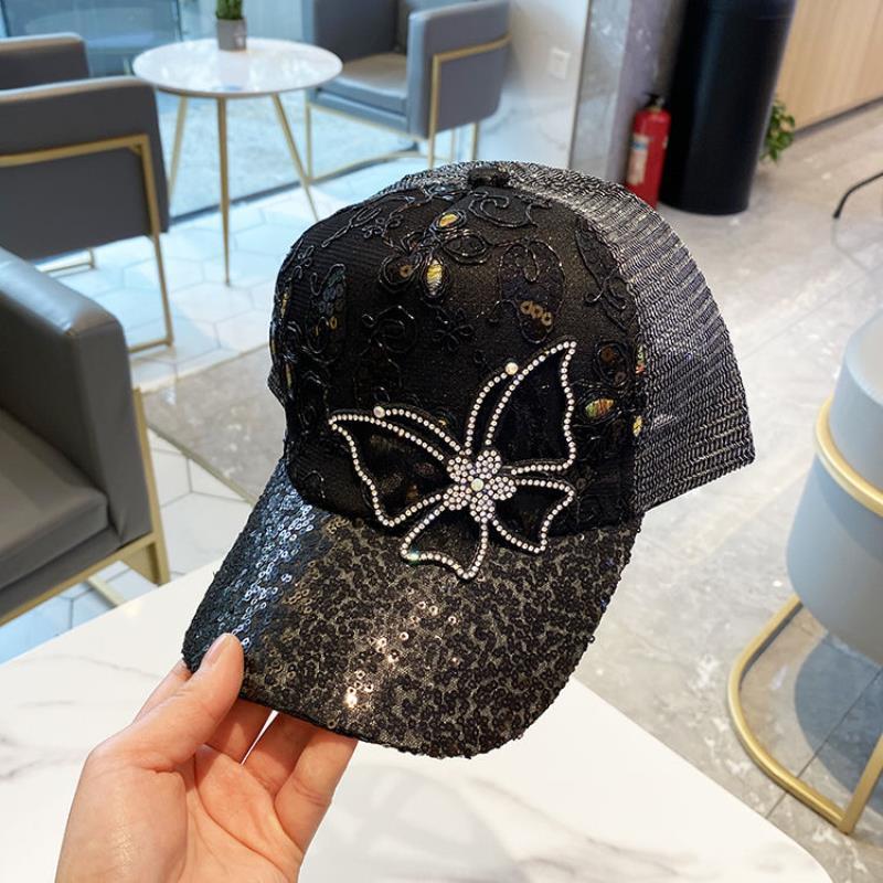 Rhinestone Butterfly Baseball Cap Female Sequined Flower Breathable Net Cap Leis