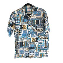 Chase Mens Hawaiian Aloha Shirt Vintage Geometric Cotton Blue Ivory Brown M - $14.49