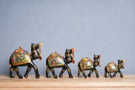 Set of 4 Hand-Painted Wooden Camel Figurines - Artistic Decor and Cultural Delig - £154.21 GBP