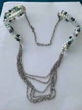 chains &amp; green &amp; pearl tone necklace multicolored beaded 35&quot; - £19.97 GBP