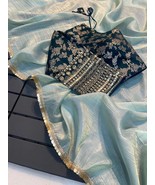 Sky Colour Colour Beautiful Gold Crush Fabric Saree With Stitched Blouse... - $70.00