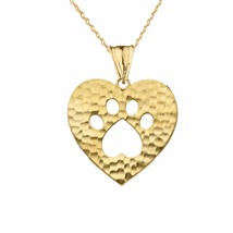 Solid 14k Yellow Gold Cut- Out Paw Print In Heart Pendant Necklace - £204.44 GBP+