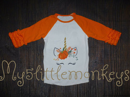 NEW Boutique Pumpkin Unicorn Girls Ruffle Sleeve Halloween Shirt - £6.61 GBP