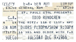 Biglietto Del Concerto Di Todd Rundgren 9 Dicembre 1986 New York City - $39.59