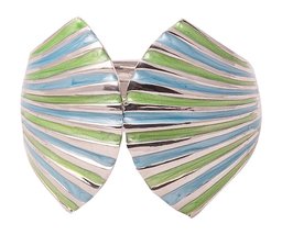 Double Sea Shell Shaped Blue Green Stripes Hinged Silvertone Cuff Bracelet - £7.90 GBP