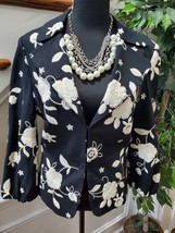 Peck &amp; Peck Womens Black Floral Linen Long Sleeve Fitted Casual Blazer Size 14 - £20.45 GBP
