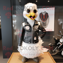 Swan mascot costume character dressed with a Biker Jacket and Brooches - £946.11 GBP