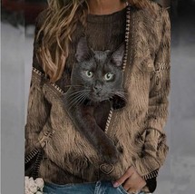 Kawaii Black Cat Zipper Print Women Blouse Shirts Casual Crew Neck Long Sleeve L - £151.84 GBP