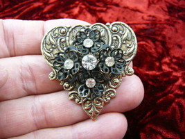 (br-56) Flower white rhinestones black gold brass pin pendant brooch jewelry - £19.95 GBP