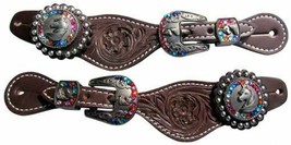 Dark Brown Leather Youth Girls Spur Straps w/ UNICORN Crystal Rhinestone... - £15.56 GBP