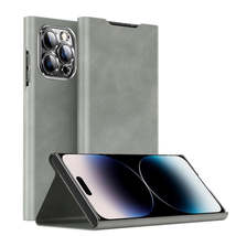 For iPhone 14 Pro Max Magnetic Napa Texture Leather Phone Case with Holder(Grey) - £6.31 GBP