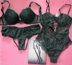 Victoria&#39;s Secret 36B Bra Set+Teddy Emerald Green Lace Crystallized Shine Strap - £157.90 GBP