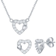 Sterling Silver Small Open CZ Heart w/Tiny Shiny Heart Necklace &amp; Earrings Set - £53.14 GBP